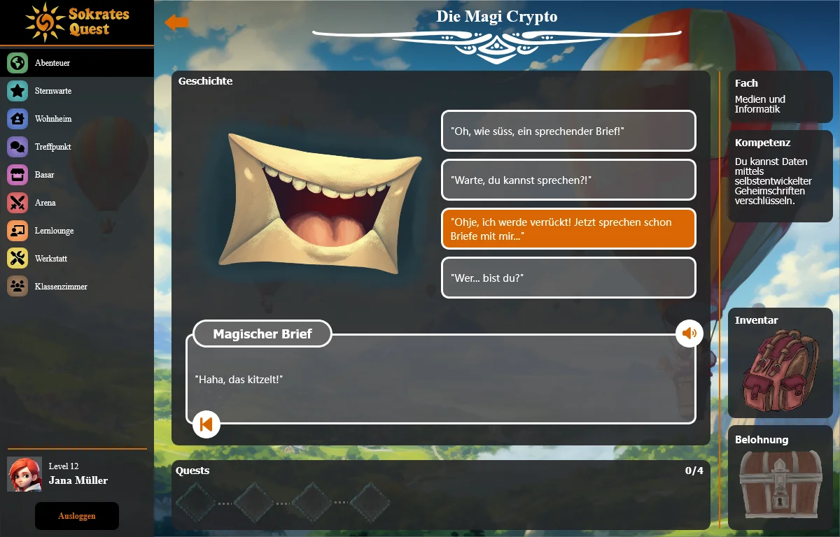 Scene from the adventure: a talking letter invites the player to join the Magi Crypto