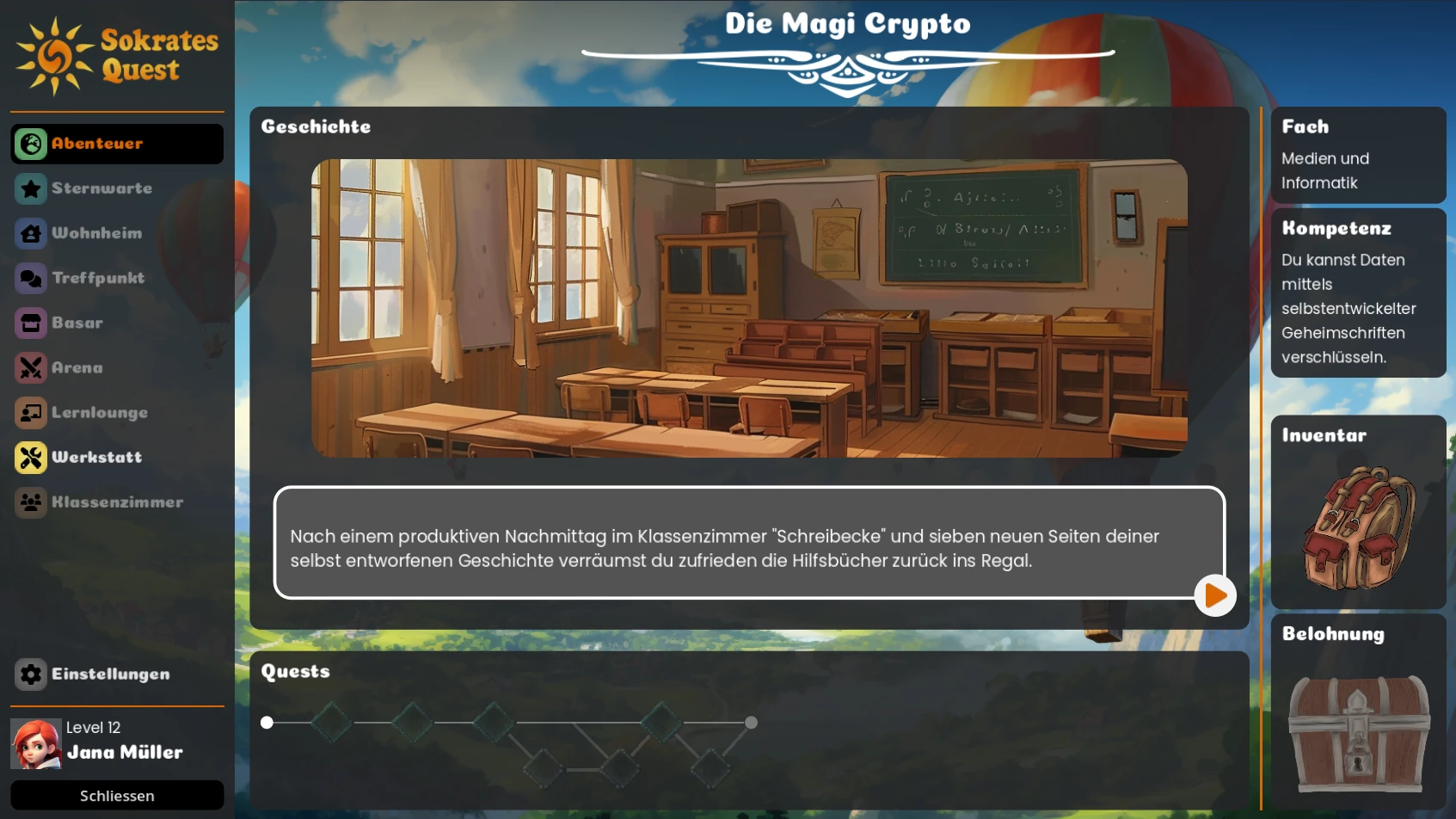 Adventure screen with the story, the subject and the competence of the adventure