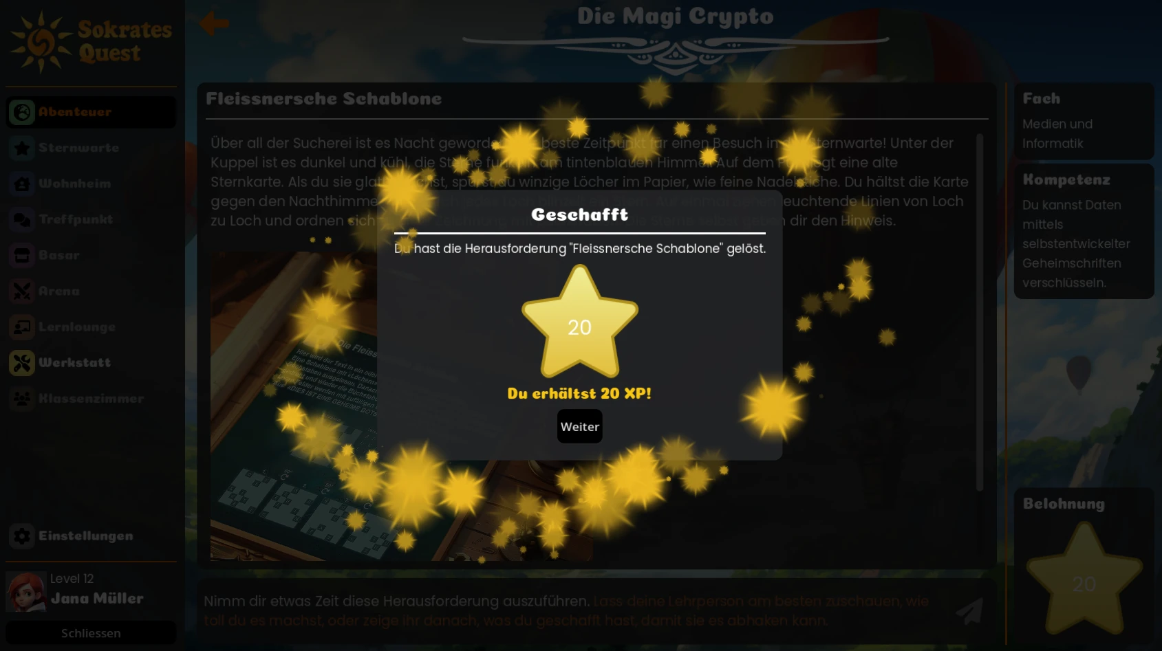Reward dialog: challenge solved, 20 XP earned, surrounded by golden sparkles
